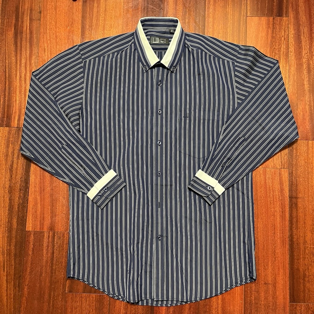 Vintage Dunhill Shirt Mens 16 33 34 Blue Striped Preppy 80's 90's Y2K FLAWED